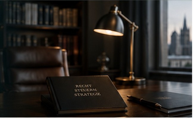 Desk at the firm with a reading lamp, a bound volume and a fountain pen, looking out onto the facade of a period building in Berlin